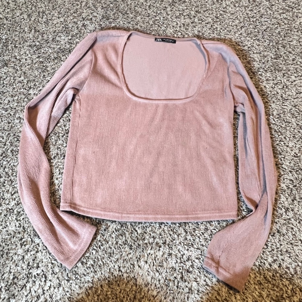 ZARA Ribbed Scoop Neck Long Sleeve Crop Top Dusty Rose Size M